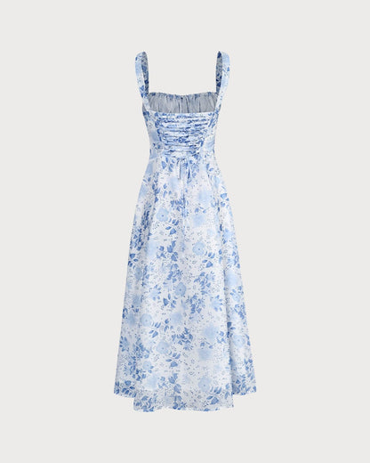 Alona™ – Neliökauluksinen Kukallinen Rypytetty Midi-mekko